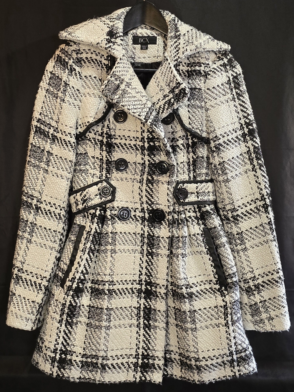 BCX Black and White Plaid Tweed Double-Breasted Peacoat